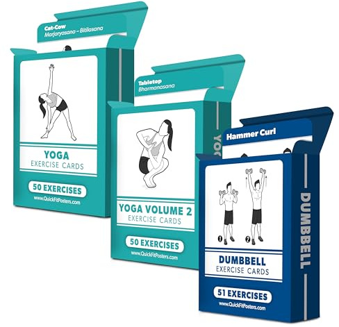 3 Pack - Exercise Cards - Yoga Poses Volume 1 & 2 + Dumbbell Exercises - Yoga Positions and Dumbbell Workout Fitness Cards - 2.5 x 3.5