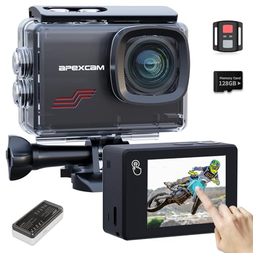 Apexcam Nueva M80PRO Cámara Deportiva Pantalla táctile con 128G Tarjeta 4K 48MP Cámara de Acción Cámara Subacuática Impermeable 40M con 8X Zoom y 2 * 1350 Baterías Kit Accesorios