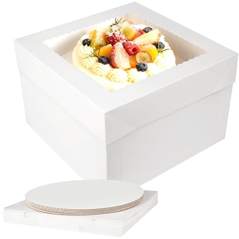 Nuangoo Juego de 5 Cajas para tartas,30 x 30x 20 cm Caja altas, caja transportar tartas, alta con ventana, base postres, pasteles, donas y galletas
