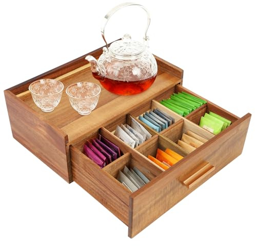 Gachiwar Scatola da tè in legno con 8 scomparti, 32,3 x 20,5 x 12,5 cm, tipo di cassetto con manico, per conservare bustine di tè ed erbe aromatiche