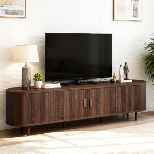 OneBlis 70 Mid Century Modern TV Stand, Wood TV Consoles with Sliding Doors and Power Outlet, Entertainment Center with Adjustable Shelves, Fluted TV Stands for Living Room, Walnut