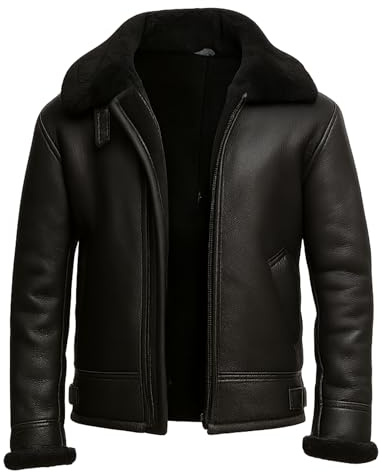 Dreszia Men’s Black B3 Bomber Sheepskin Leather Jacket – Winter RAF Aviator WW2 Faux Shearling Flying Pilot Jacket (UK, Alpha, M, Regular, Regular)