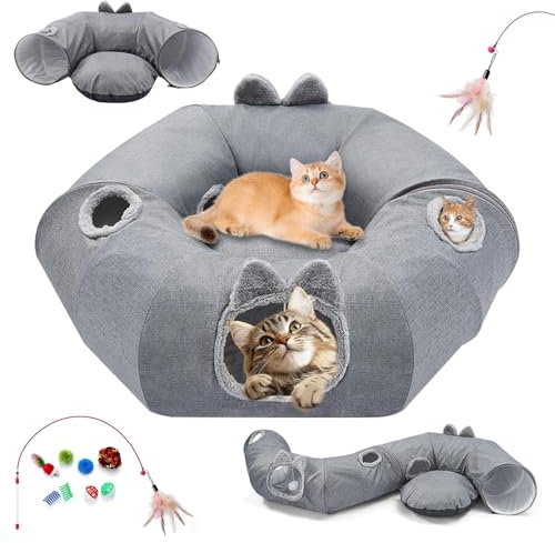 bukolico Tunnel pour Chat pour l'intérieur,Tunnel Chat Rond,Lit Tunnels pour Chats,Tunnels de Jeu Multifonctionnels,pour Chatons,Lapins et Chiots D'Intérieur (Gris 1)