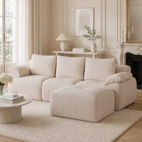 OLIVIBED L-formad hörnsoffa med sovfunktion, Corduroy Boneless soffa med ottoman, modulär 3-sits med schäslong till vänster, vardagsrum och sovrum, monteringsfritt bostadslandskap, beige