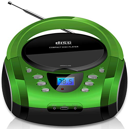 Boombox portátil | CD/CD-R | USB | Reproductor de Radio FM | Entrada AUX | Conector para Auriculares | Radio Infantil | Sistema estéreo | Sistema Compacto (Golo Green)