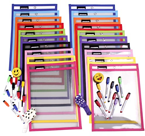 20 Hüllen Vordruck Wiederverwendbar A4 Papier | Dry Erase Pocket Groß 36x26cm | PET Ökologisch Recycelbar | 10 Farben,20 Marker,2 Löscher,2 Luftballons | Schulmaterial,Schule,Kindergarten,Spielzimmer