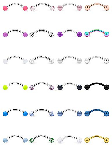 Ftovosyo 24PCS 16G Surgical Steel Snake Eyes Tongue Ring Curved Barbell Snake Bite Piercing Jewelry for Women Men Silver-Tone Rose Gold Black Rainbow Glow in The Dark 16mm 5/8 inch