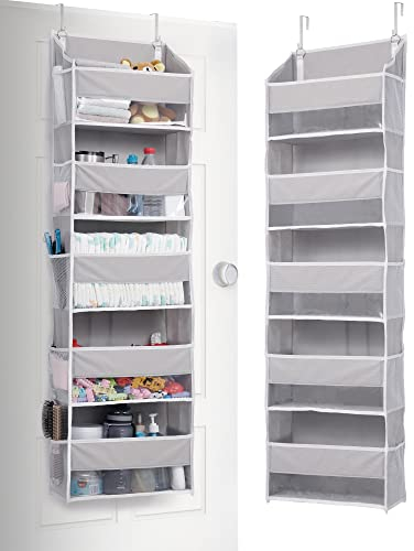 ULG 1-Pack Over Door Organizer with 5 Large Pockets 10 Mesh Side Pockets, 44 lbs Weight Capacity Hanging Storage Organizer with Clear Window for Bedroom Nursery, Kids Toys, Shoes, Diapers, Grey