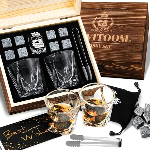 Whiskey Set of 2 for Dad, Bourbon Twisted Scotch Glass & Chilling Stones, Wood Box for Dad, Husband, Friends- - Idea for Men Who Drink Whisky
