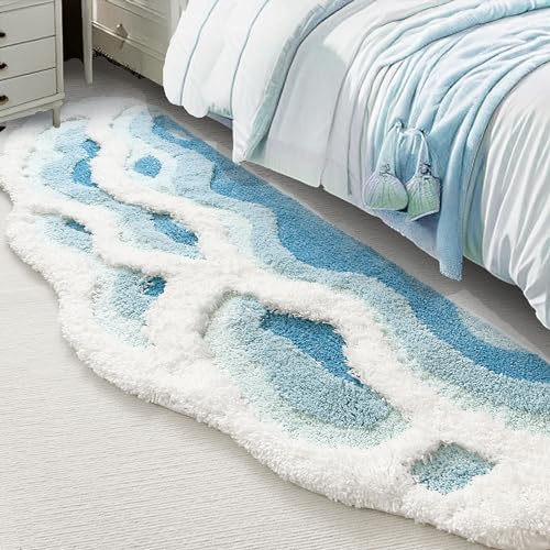 ZSHIFANG Soft Shag 3D Stereo Wave Moss Bedside Rug 20×36 Cute Navy Blue Runner Rug Non Slip Washable Bathroom Rugs Bath Mats for Bedroom Bathroom Hallway Home Decor Indoor Doormat Shower Mat