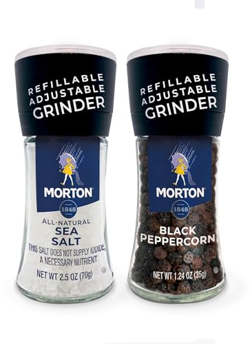 Morton, Lot de 2 moulins à sel de mer (70,9 g) et poivre noir (34 g) - Rechargeable et réglable - Tout usage
