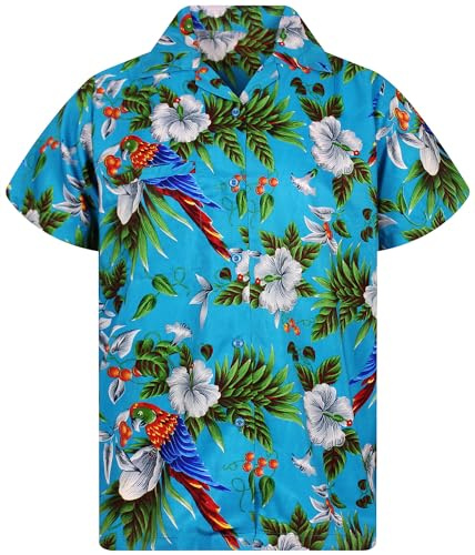 King Kabana Stylish-Camicia-Hawaiana, Manica-Corta, Cherry-Parrot-Style, Turchese, XS