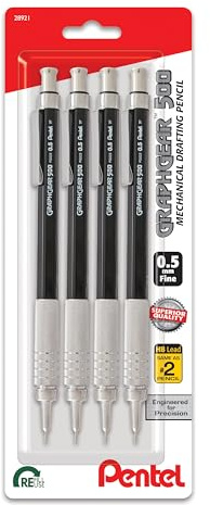 Pentel GraphGear 500 Mechanical Drafting Pencil, (0.5mm), Fine Line, Black Barrel, Pack of 4 (PG525BP4A)