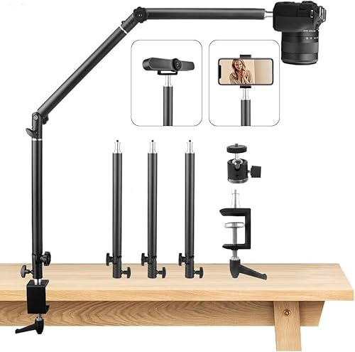 JEBUTU MS05 Soporte Superior para Cámara, 37-104cm Soporte de Escritorio para Cámara, Brazo Articulado Desmontable de 3 Secciones con rótula de 1/4 para DSLR, Webcam, Proyector
