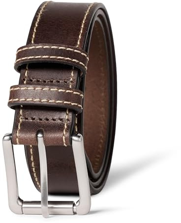 Amazon Essentials Cinturones de Cuero con Bordes Cosidos para Vaqueros Hombre, Marrón, 90