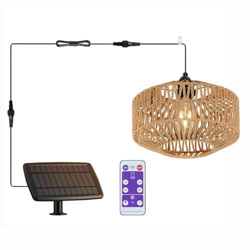 Rattan Solar Hängelampe Solarlampe für Außen Balkon Fernbedienung Hängeleuchte Hängend Korb Lampenschirm Pendelleuchte ohne Strom Wasserdichte Wandlampe Deckenlampe für Dachrinnen Garten