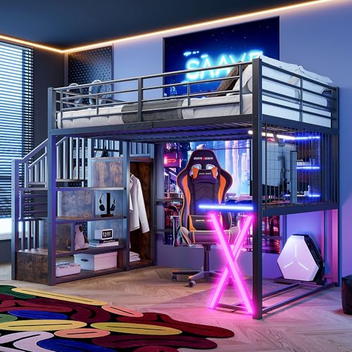 Cama infantil 140x200 con LED y armario de almacenamiento abierto, Cama alta con escritorio y varios estantes, Cama Matrimonio juvenil con escalera y barandilla, Cama alta niños negro(sin colchón)