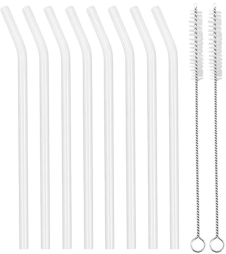 8 pajitas de cristal reutilizables, respetuosas con el medio ambiente, con 2 cepillos de limpieza, transparentes, longitud de 20 cm, perfectas para todas las bebidas y leche (curvadas)