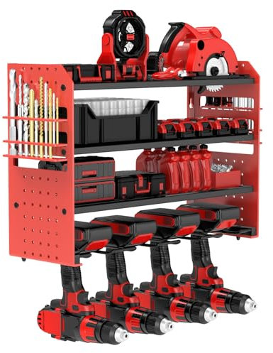 VeyFolzin.st Power Tool Organizer Wall Mount, Metal Power Tool Storage Rack with Screwdriver Holder, Garage Tool Storage Shelves with Screwdriver Plier Holder (Read, 4 Drill)