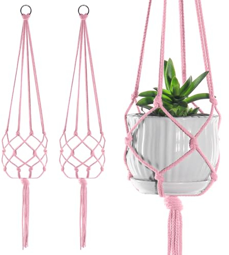 2-pack stora makrame växthängare för inomhus- och utomhusdekoration, rep för att hänga blomkruka och växthållare, 104 cm (rosa)