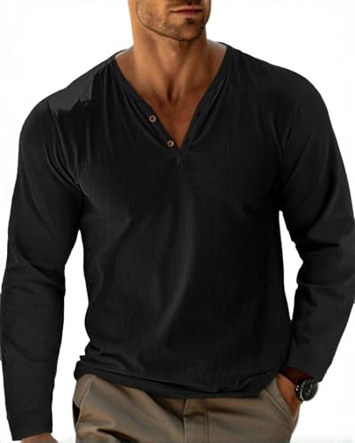 LAOARA T-Shirt Homme Henley à Manches Longues Col Boutonné Teeshirt