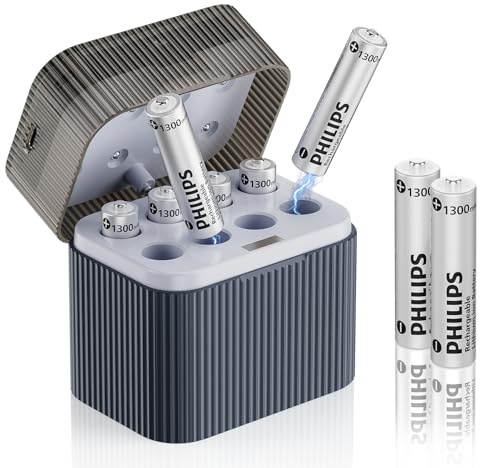 Philips AAA Lithium Rechargeable Batteries with Charger 8 Pack - 1.5V 1300mWh High Capacity Li-ion Triple A Batteries 1200 Cycles Fast Charging for Remote Controls/Wireless Mouse Keyboards