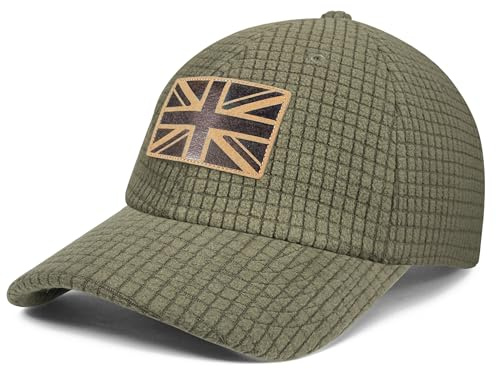 Outdoor Shaping UK Flag Embroidery Leather Patch, Grid Fleece Dad Cap Adjustable, Waffle Baseball Hat Vintage Style, Unisex Casual Cap Breathable, Outdoor Hiking Travel Daily Wear Army Green