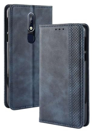 Hülle für Nokia 7.1,PU Leder,Retro magnetische Telefonschale,Wallet-Design mit 3 Kartenflüssen und 1 Geldclip -Blue