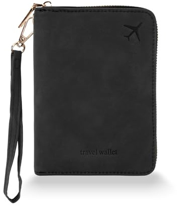 Zidoley Passport Holder Travel Wallet RFID Blocking, PU Leather Travel Document Organiser with Zipped Closure & Wrist Strap, Document Organiser, Holiday Travel Essentials for Men & Women (Black)