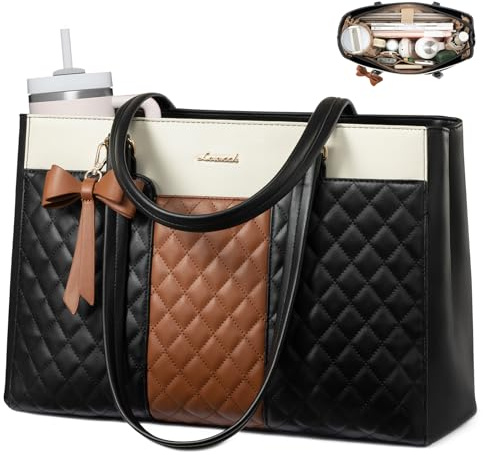 LOVEVOOK Laptop Tote Bag for Women,15.6 Inch Work Bags PU Leather Teacher Tote Bag,Waterproof Quilted Computer Bag for Office Professional Briefcase Gifts