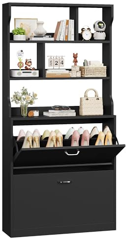IRONCK Shoe Cabinet 2 Flip Drawers, Slim Shoe Storage Cabinet, Black
