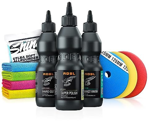 Autopolitur Set: ADBL Hard Cut + Super Polish + Perfect Finish (je 250ml) + ADBL Spray Wax + Royal Pads Polierpads | 10-teilig