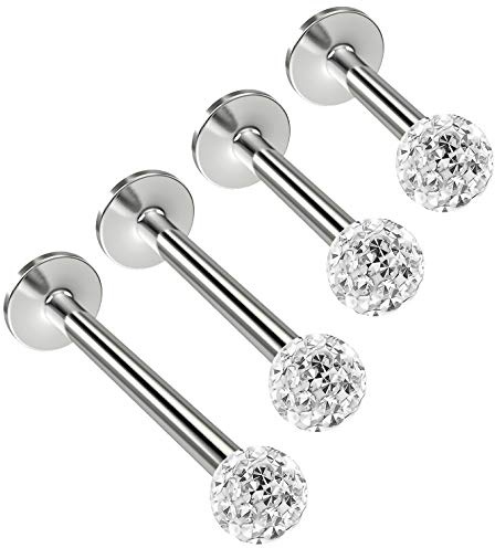 Bling Piercing 4pc Labret Bar Studs 1.2mm 16g Monroe Lip Stud 6mm 8mm 10mm 12mm Surgical Steel Stainless Ferido Gem Ball Set Externally Threaded Pack Tragus for Men Women Flat Snake Bites Bar