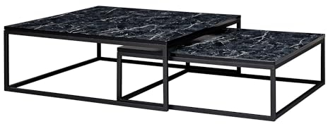 Wohnling Design Couchtisch 2er Set Schwarz Marmor Optik Eckig, Couchtische 2-teilig Tischgestell Metall, Edle Wohnzimmertische, Moderne Satztische