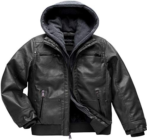 CREATMO US Kids Bomber Jacket Boys Cowboy Winter Jacket leather jacket new spring children's collar motorcycle Faux leather zipper coat Black Velvet Lined 14/16