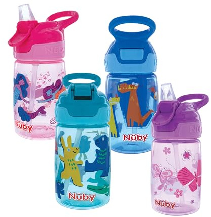 Nuby Kid’s Flip-it Reflex Push Button On-The-Go Printed Water Bottle with Soft Spout - 12oz / 360ml, 18+ Months, 1pk - you will receive one of the following colors, Aqua, Blue, Pink or Purple