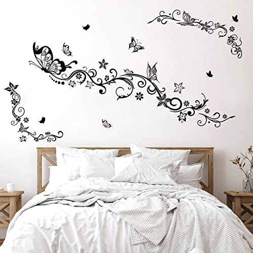 wondever Flowers Vine Wall Stickers Black Floral Butterfly Peel and Stick Wall Art Decals for Girls Bedroom Living Room TV Background