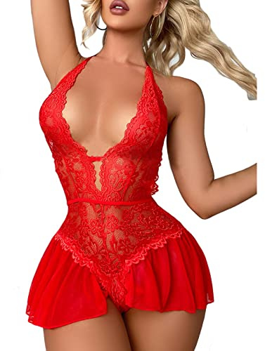 ROSVAJFY Body Lencería Picardias Encaje Sexy Mujer, Bodysuit Babydoll Cordones Halter,Camisón Transparente,Ropa Interior Malla Cuello V,Mini Vestido Hueco Ropa Dormir Una Pieza de San Valentín (Rojo)