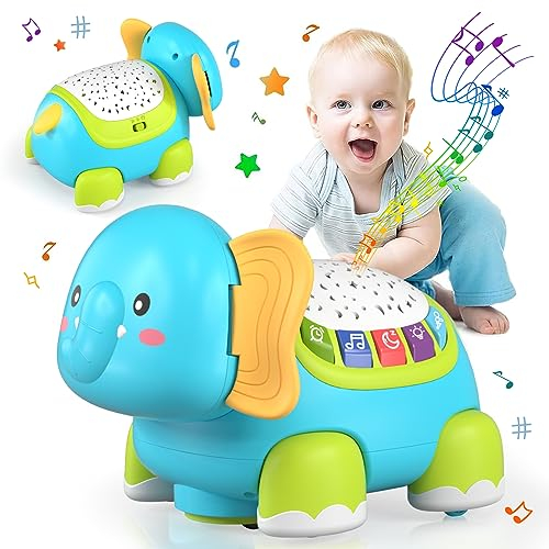 Lehoo Castle Baby Krabbel Spielzeug ab 3 6 9 Monate, Elefanten Baby Spielzeug mit Musik und Projektor, Frühkindliches Lernspielzeug Pädagogisches fur 1 Jahr, Neugeborenes Spielzeug Geschenk
