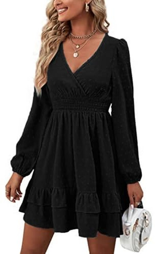 Vestido de Mujer Manga Larga Vestidos Midi con Cuello en V Casual Dress Elegante Bodycon Playa con Dobladillo Volantes Vestidos Playa Fiesta