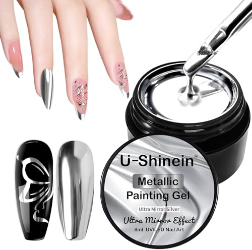 U-Shinein Metallic Painting Gel for Nails - Mirror Silver Golden, Upgraded Super Reflective Metal UV Gel - DIY Nail Art Paint Liner, Ultra-Bright Silver