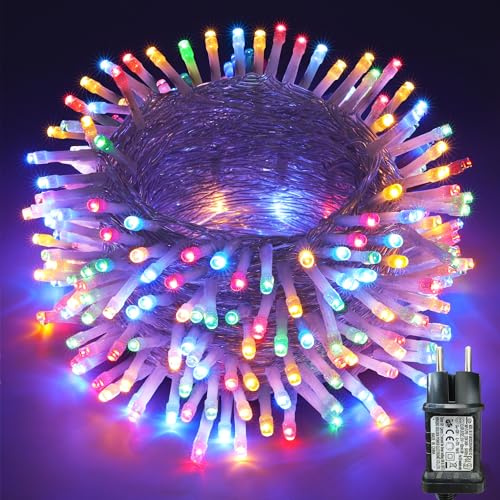 Moxled Cadena de luces para exteriores, 10 m, 100 ledes de colores, función de ahorro y temporizador, cable transparente, resistente al agua, 8 modos de luz, iluminación navideña para jardín, árbol