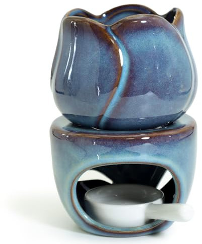 BEYLAB Duftlampe Keramik Teelicht für ätherische Öle, Wachsschmelzbrenner mit Kerzenlöffel, Design Aroma-Teelichthalter, Stövchenfür, Duftöl und Duftwachs - blau