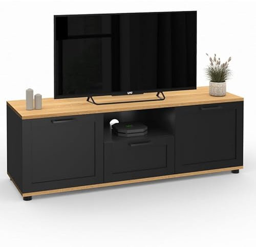 IDMarket - Meuble TV 110 cm VITO avec tiroir et Niche Noir et Bois