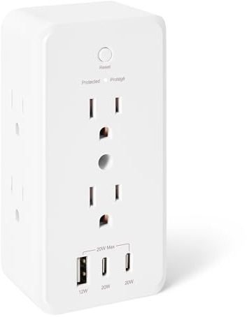 Amazon Basics Wall Mount Surge Protector Power Strip with 9-in-1 Hub, 1080 Joules, 6 AC Outlets, 1 USB-A and 2 USB-C (20W Fast Charging), White