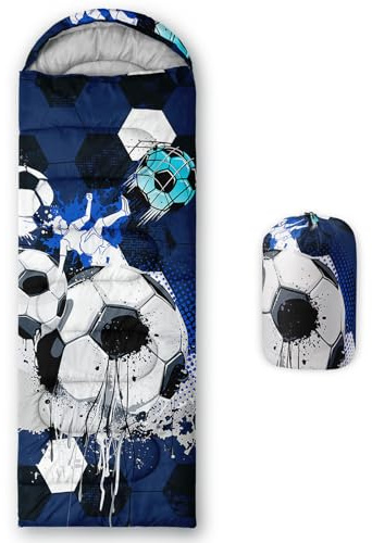 HOSIMA Saco de dormir para niños y niñas, estampado de fútbol, ligero, cálido, portátil, para interiores y exteriores, impermeable, resistente al frío, para camping, senderismo (fútbol-d)