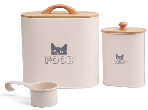 Crystals Cat Food Storage Container with Lid & Scoop – Retro Vintage Metal Tin – Pet Food Storage Box for Dry Food – Airtight Storage for Cats