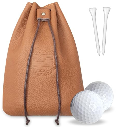 iSamzan Real Leather Golf Tee Bag: USA Golf Ball Bag Pouch with Drawstrings Valuables Pouch for Men - Cool Funny Gifts for Him Golfers Men (Brown)