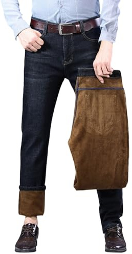 Generisch Pantaloni termici da uomo, pantaloni da neve, in pile Teddy, con calda imbottitura, gamba dritta, pile felpato, jeans termici, Nero , 42
