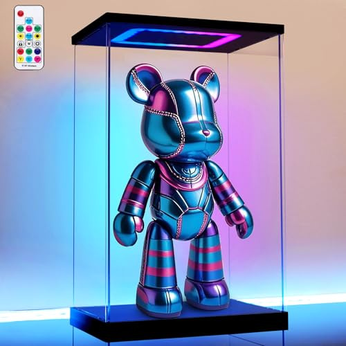AZEYN Clear Acrylic Display Case with Light for bearbrick, Multiple Color Lights Dustproof Protection Display Box for Collectibles Action Figures（9.8×8×15.7inch）